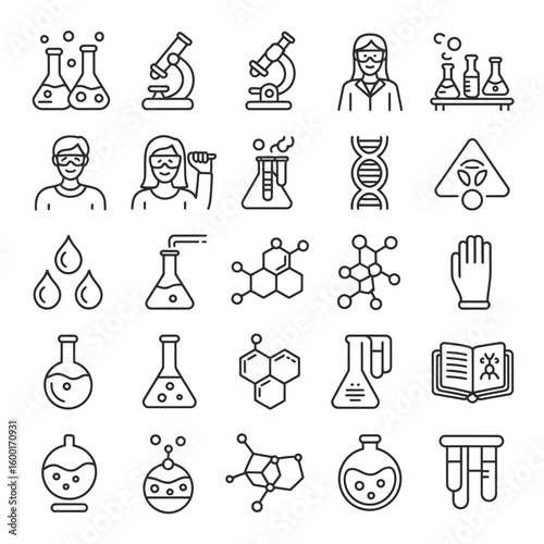Collection of Black and White Line Art Science Icons Featuring Microscopes Erlenmeyer Flasks Test Tubes D N A Molecules and Scientists