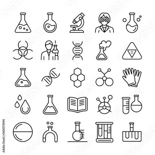 Collection of Black and White Line Art Science Icons Including Flasks Beakers Test Tubes Microscope D N A Molecules Scientist Gloves and More