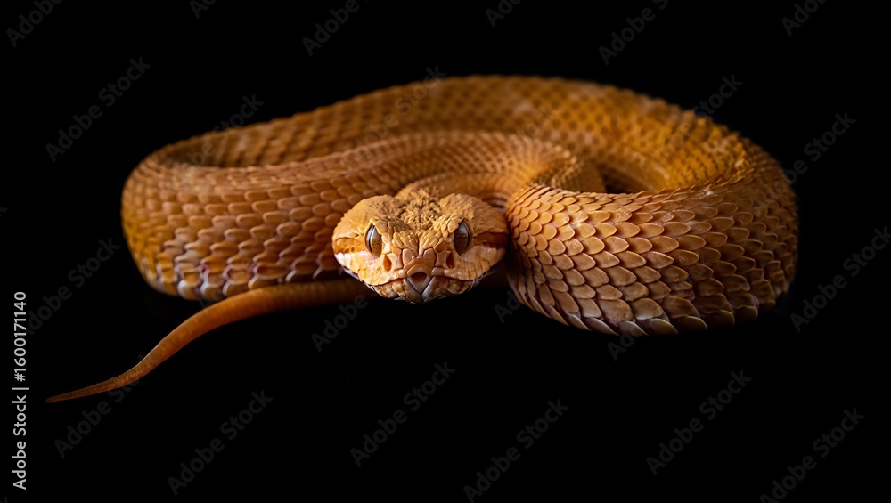 Fototapeta premium Amber coiled viper with detailed scales and piercing eyes snake