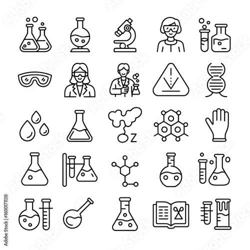Collection of Black and White Line Art Science Icons Including Erlenmeyer Flasks Test Tubes Beakers Microscopes Scientists Gloves D N A and
