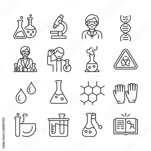 Collection of Black and White Line Art Science Icons Including Scientists Microscopes Flasks Test Tubes D N A and Gloves