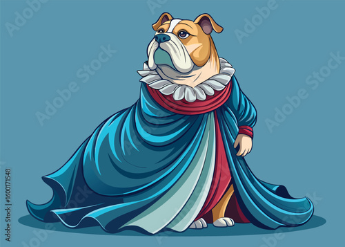 Elegant Bulldog in Flowing Evening Gown Stylish Vector Dog with Satin or Velvet Dress and Glamorous Details Design 