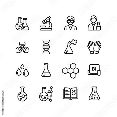 Collection of Sixteen Black and White Line Art Science Icons Including Erlenmeyer Flasks Microscopes D N A Strands and Scientists