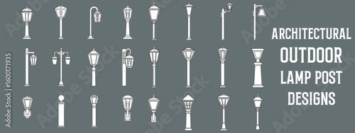 Minimalist Architectural Outdoor Lamp Post Design Collection with Modern and Classic Street Lighting Illustrations for Urban Landscape and CAD Projects