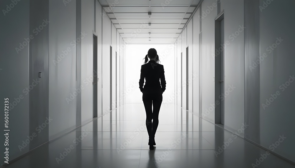 Fototapeta premium Business woman walking down hallway silhouette professional career success concept