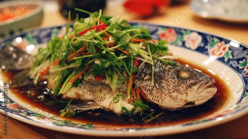 Steamed fish dish with garnish