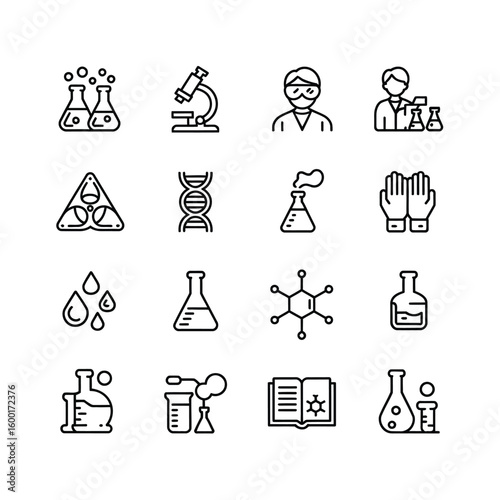 Collection of Sixteen Black Line Icons Depicting Science Laboratory Equipment and Experiments Including Flasks Beaker Microscope D N A Gloves