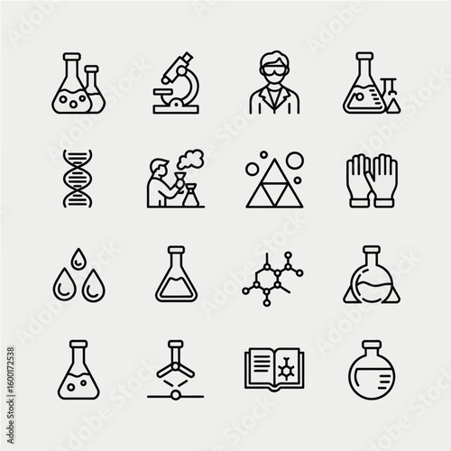 Collection of Sixteen Black Line Science Icons on Light Gray Background Including Erlenmeyer Flasks Beakers Test Tubes Microscope D N A