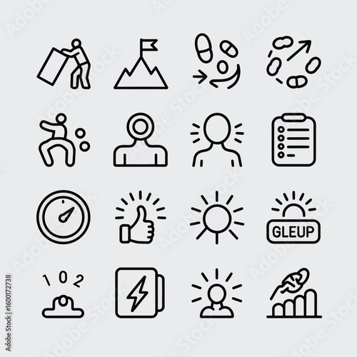 Collection of Sixteen Black Linear Icons Depicting Achievement Progress Improvement and Goal Setting Concepts on Light Gray Background