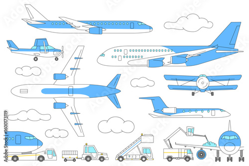 Airplanes and maintenance equipment at the airport. Vector illustration.