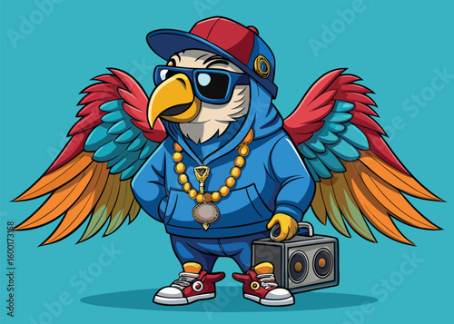 Hip Hop Parrot Vector Cool Streetwear Bird in Hoodie Snapback Hat Gold Chains & Sunglasses 