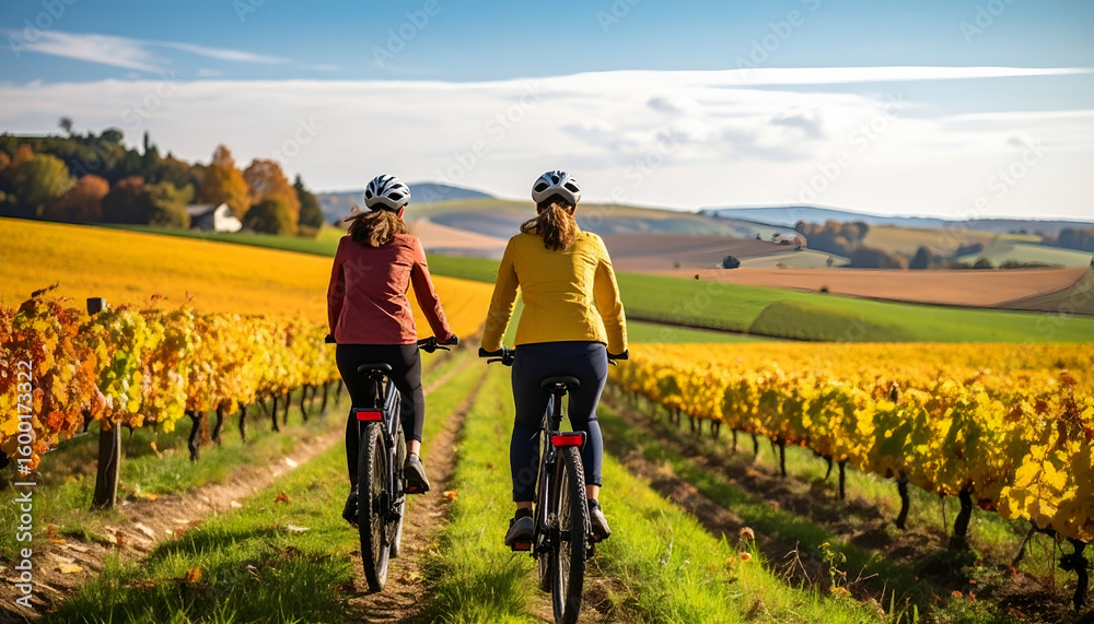 Fototapeta premium Cycling through autumn vineyards.