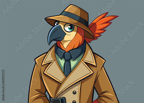 Parrot in Classic Trench Coat Stylish Vector Bird with Detective Vibe Bold Outlines and Flat Noir Aesthetic 