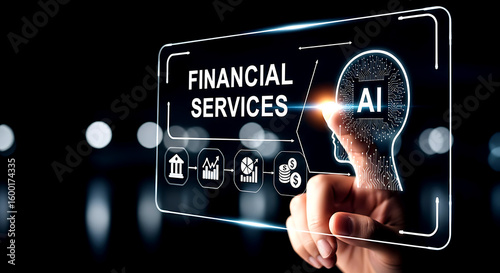 Hand touching A I head icon with financial services data on screen artificial intelligence