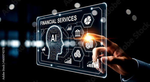 Hand touching digital screen displaying A I financial services with icons for banking and currency interface