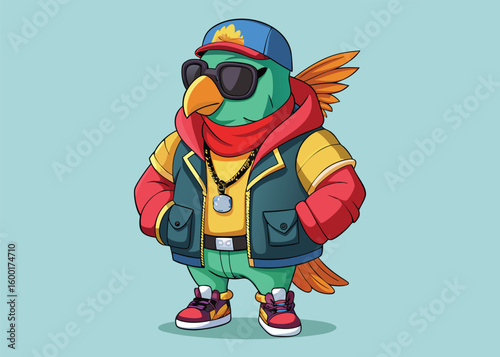 Streetwear Parrot in Oversized Hoodie and Cargo Pants Urban Vector Bird with Chunky Sneakers Gold Chains & Snapback Hat 