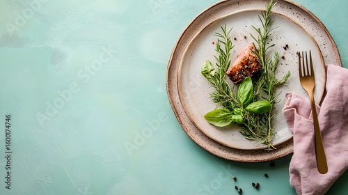 Fresh Herbs and Cooked Salmon on Elegant Plate with Fork