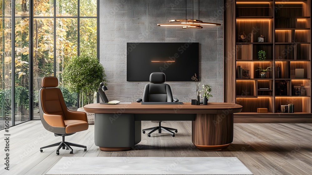 Fototapeta premium Modern Stylish Office Interior with Elegant Desk and Cozy Seating
