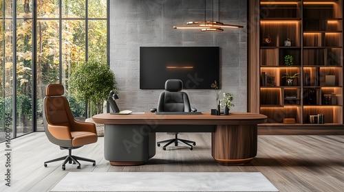 Modern Stylish Office Interior with Elegant Desk and Cozy Seating