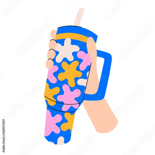 Flat illustration of a hand holding a colorful thermal tumbler with retro flower patterns in blue, pink, yellow, and cream. Fun and stylish design for drinkware or lifestyle themes.