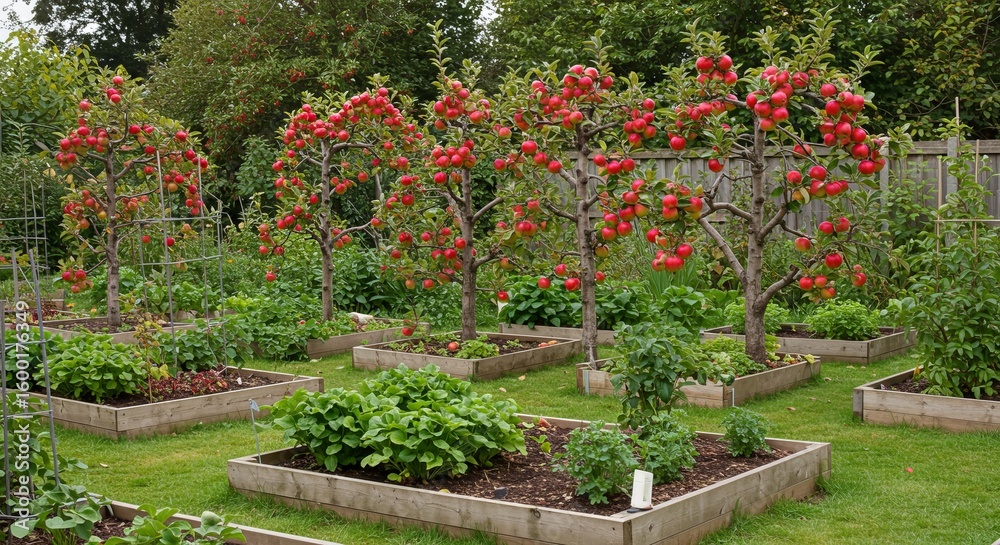 Fototapeta premium Apple Trees Over Garden Beds in a Cozy Home Backyard