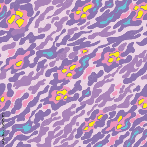Seamless pattern of fantastic animal, camouflage pattern. Bright stripes and spots of purple and pink, yellow and blue dots in a random order on a pink background