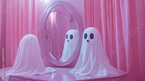Whimsical pink ghost figures gathered around a large oval mirror in a dreamy setting