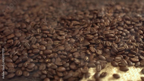 A large number of roasted coffee beans are spread out on a flat surface. 