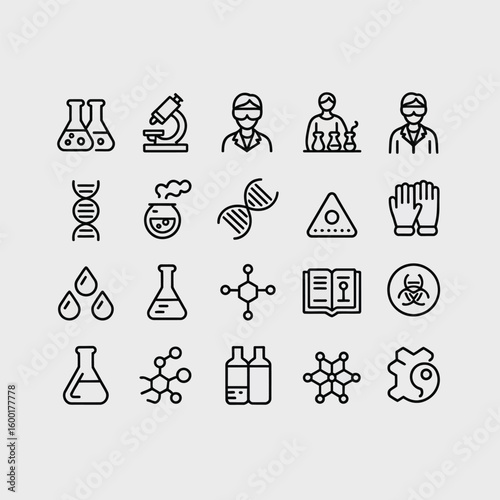 Collection of Twenty Black Linear Science Icons on Light Gray Background Including Erlenmeyer Flasks Microscopes D N A Strands Scientists