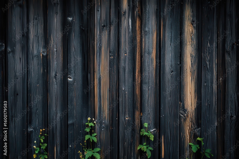 Fototapeta premium Dark wood planks with clinging greenery.