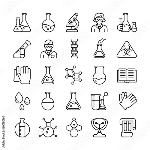 Collection of Twenty Five Black Line Science Icons Including Erlenmeyer Flasks Beakers Test Tubes Microscope D N A Gloves Scientist Biohazard