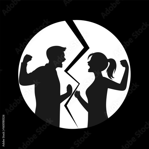 Young couple fighting to each other, silhouette of a married man and woman quarrelling, angry life partner.