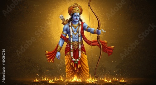 Illustration of the Hindu god Rama, holding a bow and arrow, standing amidst flames, adorned with traditional clothing and jewelry.