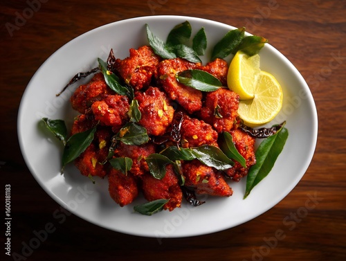 Plate of spicy chicken 65 garnished curry leaves and lemon South Indian starter crispy texture vibrant red color