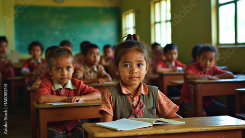 Focused Schoolgirl Reading at Desk in Sunlit Classroom