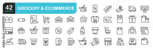 Set of line icons related to shopping, ecommerce, store, grocery.  Outline icons collection. Editable stroke. Vector illustration