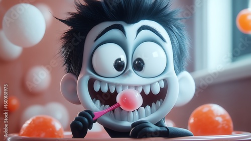 Close up of a cartoon character with wide eyes and a huge smile eating a lollipop