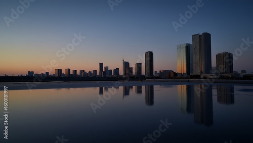 Cityscape at Dawn with Reflecting Water skyline buildings