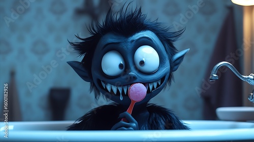 Animated vampire boy with spiky hair and wide eyes licking his tongue in a bathtub