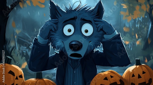 Animated werewolf with wide eyes and hands on head surrounded by jack o lanterns