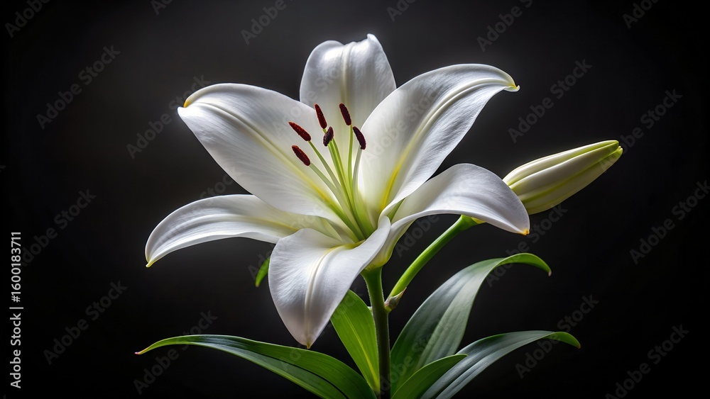 A single elegant white lily with prominent green leaves and