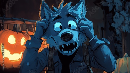 Scared cartoon werewolf with glowing jack o lantern on halloween night
