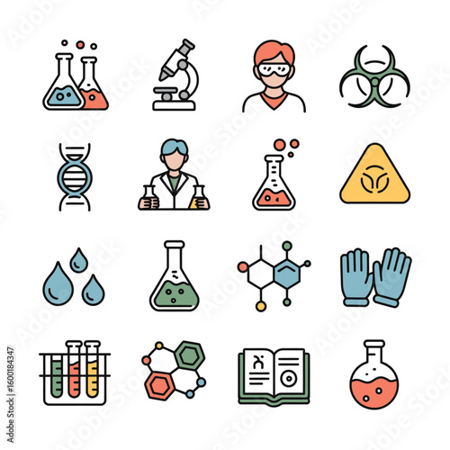 Colorful Science Icons Set Featuring Erlenmeyer Flasks Microscopes D N A Strands Test Tubes Biohazard Symbol and Scientists