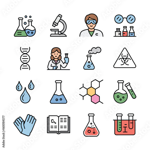 Colorful Science Icons Set Featuring Erlenmeyer Flasks Microscopes D N A Strands Scientists Lab Equipment and Chemical Formulas