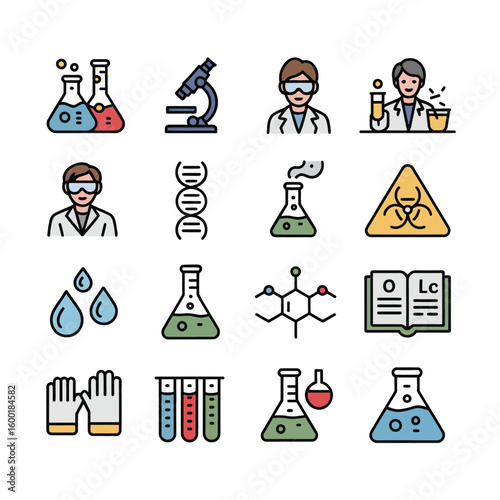 Colorful Science Icons Set Featuring Erlenmeyer Flasks Test Tubes Microscope D N A Structure Scientists Gloves and Biohazard Symbol