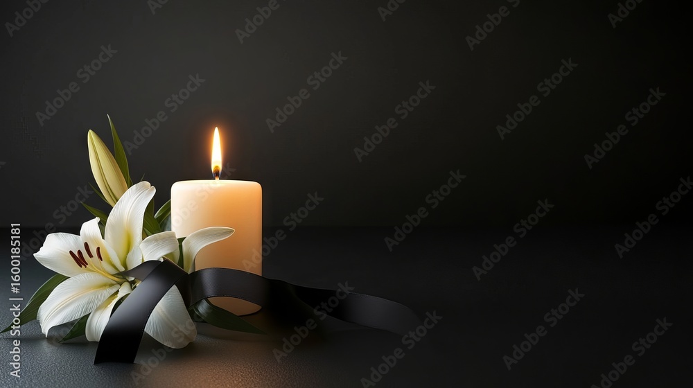 Naklejka premium Black funeral background with candle and white lilies, minimal condolence design