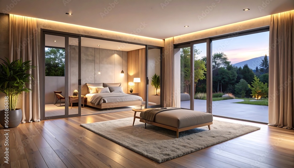 Fototapeta premium Modern Bedroom Interior with Garden View at Sunset