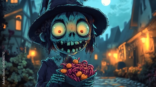 Spooky cartoon zombie character holding a bouquet of pumpkins in a halloween village