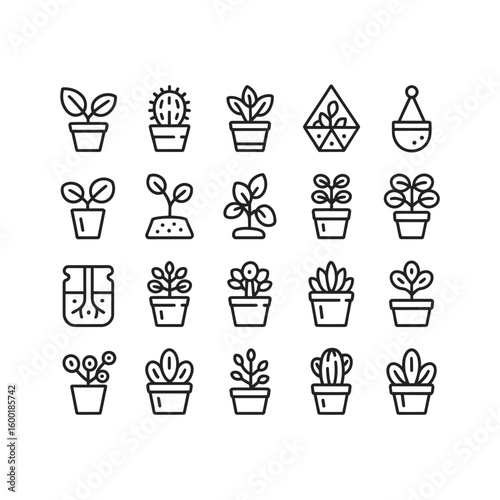 Twenty diverse potted plant icons collection featuring various succulents cacti seedlings and geometric planters displayed in a grid pattern