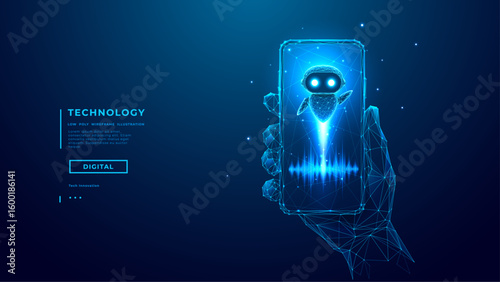 Futuristic AI assistant interacting via smartphone. Digital human holds mobile device, glowing chatbot emerges with sound waves. Concept of voice app, AI, smart tech. Technology Vector Illustration